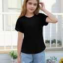 ZDC Girls Short Sleeve T Shirts Kids Summer Textured Tops Crewneck Casual Tee 5-14 Years (Black)