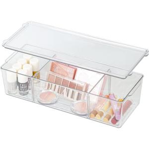 Clear Plastic Storage Bin with Lid&3 Divided Compartments, Stackable Lidded Transparent Long Storage Container Box for Organizing Makeup,Stationery,Snacks,Pantry,Closet,Dresser,Bathroom (145,53,5")