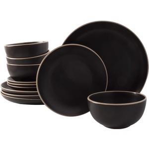 Gibson Home Rockaway 12-Piece Stoneware Dinnerware Set, Service for 4  Modern Round Plates and Bowls, Dishwasher & Microwave Safe, Black