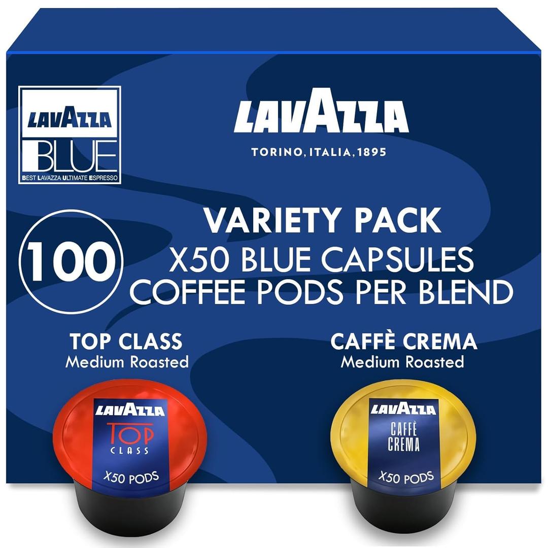 Lavazza Blue Coffee Capsules Variety Pack 100 Count (50 Pods Each) Includes Top Class & Caff Crema Blends Compatible with Lavazza LB Espresso Machines Only Premium Italian Coffee (EXP 07/30/27)