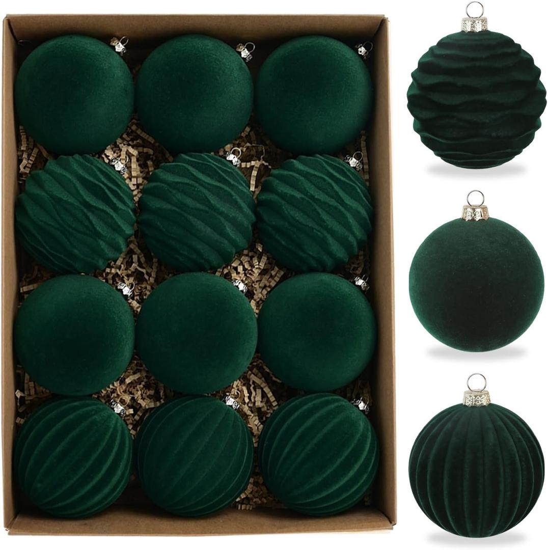12Pcs Velvet Christmas Tree Ornaments 3.14 Inch Green Large Christmas Balls Xmas Hanging Ornaments for Wreath Garland Table Centerpiece Arrangement(Green)