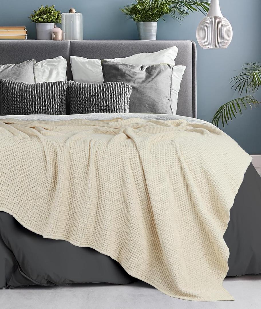 Tex Trend Ivory Waffle Blanket  100% Cotton Blankets Queen Size  Breathable and Soft for Summer Spring  Suitable for Bed Layering, Sofa - Ivory (90x90)