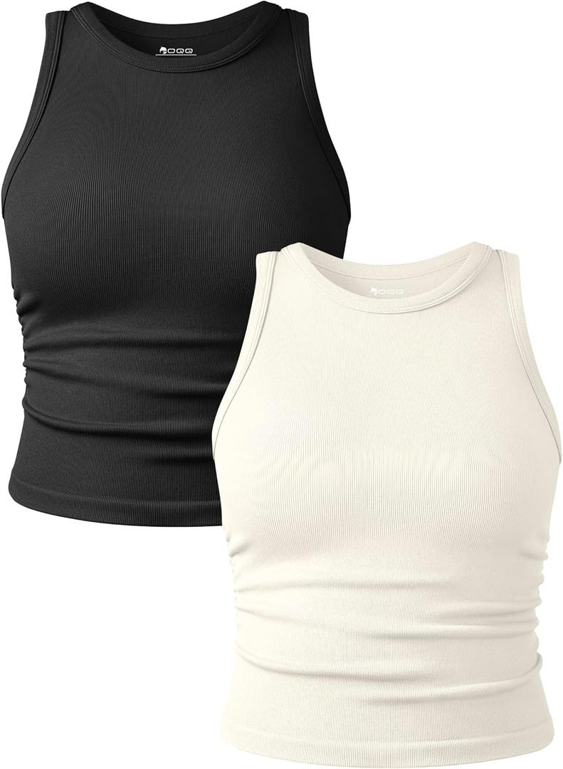 OQQ Women's 2 Piece Tank Tops Crew Neck Sleeveless Basic Stretch Casusal Yoga Crop Camis (L)