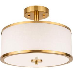  3-Light Semi Flush Mount Ceiling Light Fixture, 12.6" Gold Drum Light with White Fabric Shade, Modern Close to Ceiling Light for Living Room Bedroom Dining Room Kitchen Hallway Entry Foyer