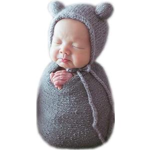 Newborn Photography Props Girls Boys Fabric Bonnet Hat Cap & Wrap Blanket Basket Stuffer Photo Shoot Prop Set (Gray)