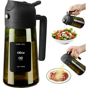 SWEET VIEW 2PCS Oil Sprayer for Cooking, 470ml 2 In 1 Sprayr & Pour, Glass Olive Oil Dispenser Pourer for Kitchen, Air Fryer, Cooking, Salad, BBQ (Black, Black)