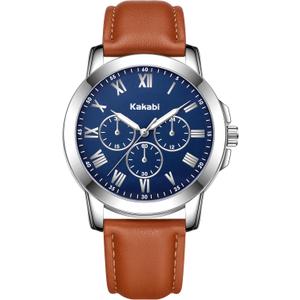 Mens Watches Leather Watch Analog Quartz Watch for Men, Classic Roman Numeral Dress Watch for Business Casual, Luminous Hands Mens Wrist Watches, 3ATM Waterproof Watch Gifts for Men (K7601S-BlueBrown)