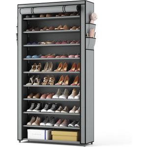 ROJASOP Shoe Rack with Covers, Stackable 10 Tier Tall Shoe Shelf Storage 50-55 Pairs Shoes and Boots Large Capacity Vertical Shoe Rack Organizer for Closet Entryway Garage Bedroom, Grey