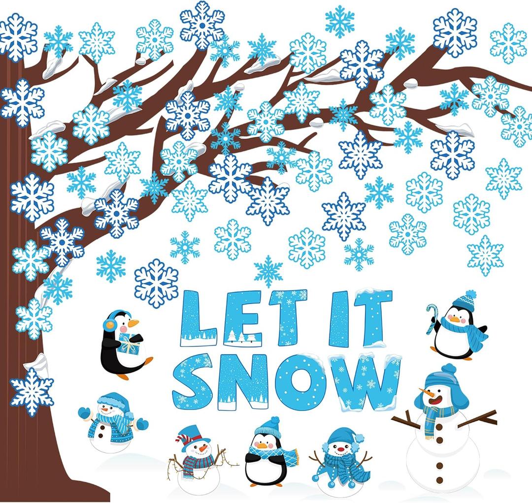94 Pcs Winter Classroom Bulletin Board Decoration Snowflake Tree Let it Snow Classroom Decor Snowflake Snowman Penguin Paper Cutouts for Winter Christmas Classroom Home Wall Window Decor