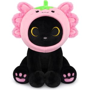 Axolotl Plush Toy, 8inch Kawaii Black Cat Wear Strawberry Plush Removable Hood, Cute Plushies Soft Stuffed Animal Doll, Valentine's Day Birthday Gift for Kids Boys Girls Adults (Pink)