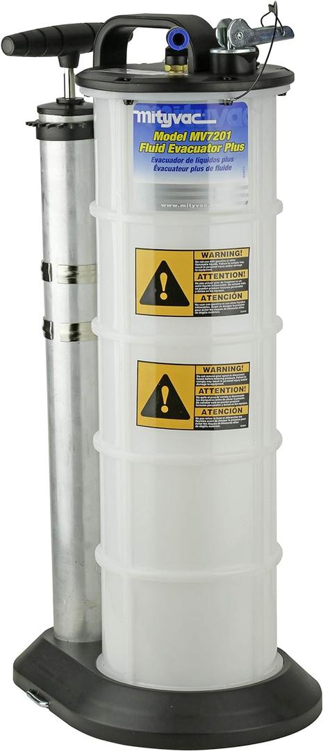 Mityvac 7201 2.3 Gallon Fluid Evacuator Extractor and Dispensing Pump, Push Button, Manual Operation, Chemical-Resistant Polyethylene, Automatic Overflow Prevention, Quick-Drain Spout, Large Base (White)