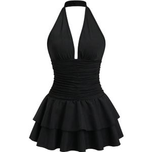 Milumia Women's Ruched V Neck Backless Halter Dress Sexy Tiered Layered Ruffle Dresses (Medium, Black)