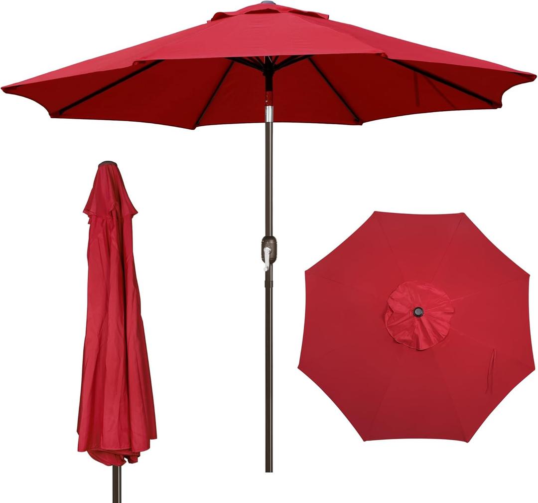 Blissun 9' Outdoor Patio Umbrella, Outdoor Table Umbrella, Yard Umbrella, Market Umbrella with 8 Sturdy Ribs, Push Button Tilt and Crank, Bright Red