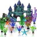13 Pieces Aquarium Decorations Kit, Fish Tank Decorations Set Small Resin Castle and Rockery Betta Fish Cave Hideout Coral Artificial Plastic Plants Ornament Accessories (Blue,green,purple)
