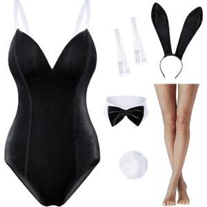 Women Velvet Bunny Costume Bunny Girl Suit Costume Senpai Cosplay One Piece Bodysuit Stockings Set (Large, Black)