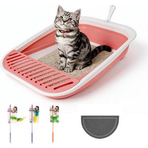Pawise Foldable Cat Litter Box, Low Entry Collapsible Cat Litter Box with Scoop, Travel Pet Potty Pan & Anti-Splash Toilet for Kittens, Senior Cats & Disabled Cats (with Cat Teaser & Litter Mat，Pink)