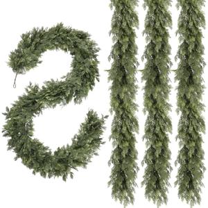 Christmas Garland 9FT Decorations Real Touch Cedar Cypress Pine Greenery Artificial Green Christmas Garland for Mantle, Fireplace, Table, Stairs, Door, Porch, Indoor Outdoor Decorations, 4Pcs