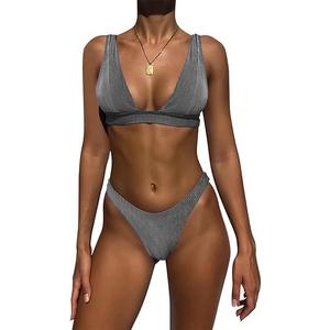 Bathing Suits for Women Deep V Neck Sexy Two Piece Bikini Sets for Women Thong Halter Cheeky Swimsuit, Black Stripe, S