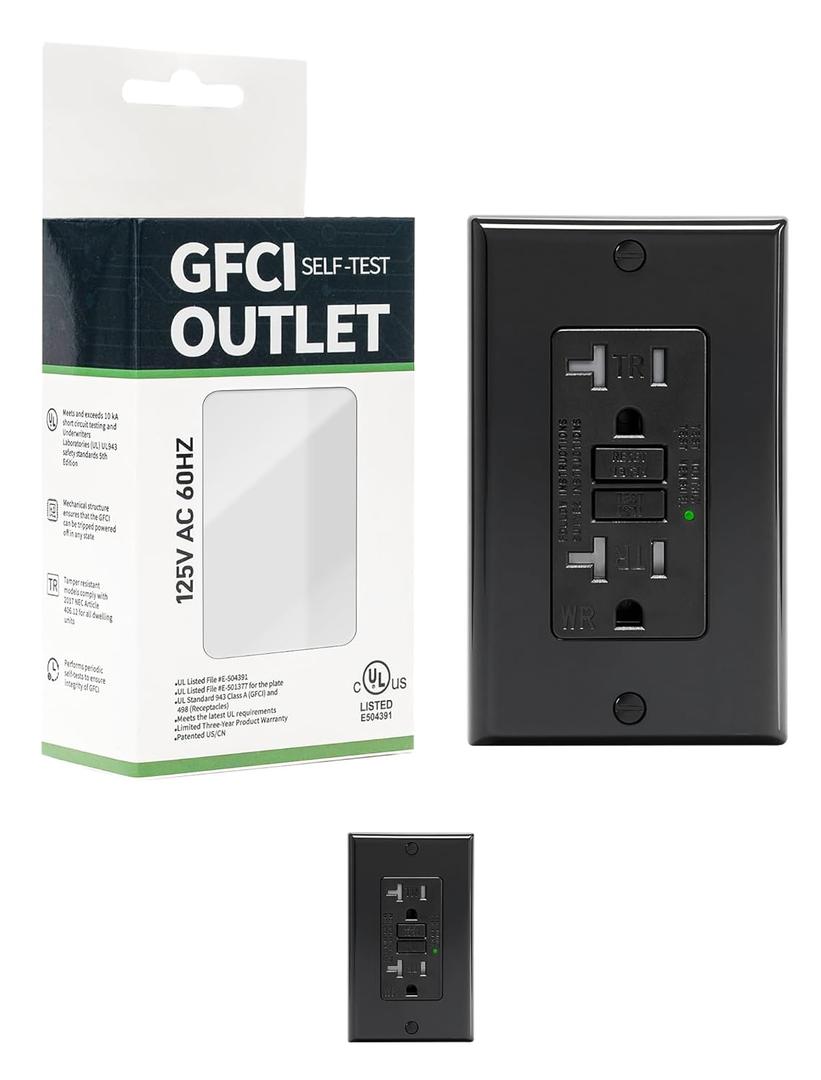 2-Pack 20 Amp GFI Electrical GFCI Outlet Self-Test Tamper Resistant (TR) Weather Resistant (WR) Ground Fault Receptacle with LED Indicator UL Listed Standard Wall Plate Included Black