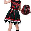 Zombie Cheerleader Costume for Girls Cheer Costumes Kids Halloween Scary Bloody Dress Accessories Set (Black, Large(9-10 Years))