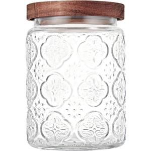Glass Storage Jars With Airtight Lid, 23.7oz Container For Kitchen Counter with Wooden Lid, brown sugar, candy, coffee, cookie, salt, tea, cute Jar (Begonia Flowers, 1 Piece)