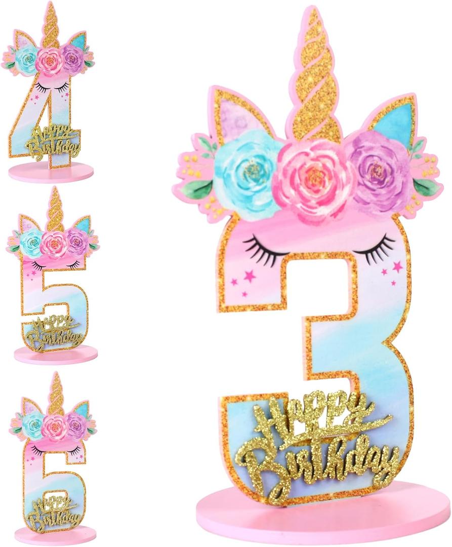 Unicorn Birthday Number Sign Centerpiece for Girls Wooden Unicorn Party Number Table Sign Decoration Unicorn Party Supplies for Birthday Anniversary (Number 3), 11.8 inches x 7.1 inches