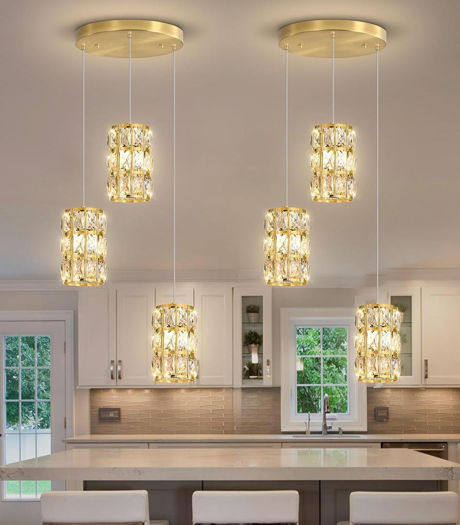 3-Lights Modern Crystal Pendant Lights for Kitchen Island LED Dimmable Glam Pendant Lighting Chandelier for Dining Room Hallway Corner Lamp Gold