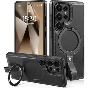 Lunivop Compatible with Samsung Galaxy s25 Ultra Case 6.9 '' 2025 Grip Strap Lanyard Leather Ring Holder Kickstand Compatible with Magsafe Women Man Magnetic Phone Cases Black