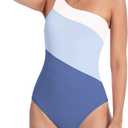 Beautikini Period Swimwear One Shoulder Athletic Menstrual Leakproof Swimsuit Color Block Training Bathing Suit for Teens (Small, Sky Blue/Ice Blue)