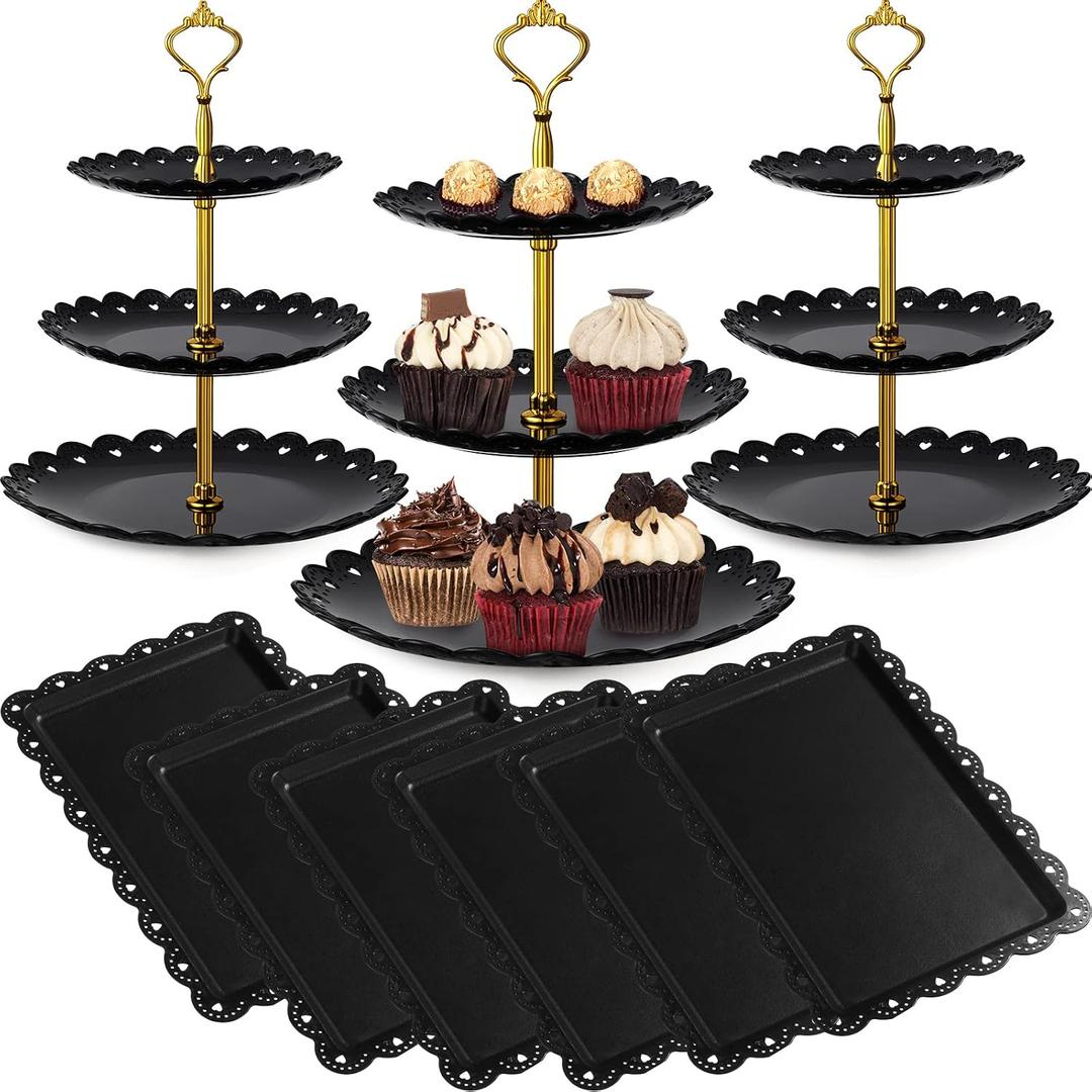 Potchen 9 Pcs Black Cake Stand Set Dessert Table Includes 6 Rectangle Cupcake Stand and 3 Pcs Round 3-Tier Serving Tray Display for Wedding Birthday Party(Crown Style)