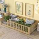 Montessori Twin Toddler Floor Bed with Wood Slats and Fence for Girls and Boys, Wood Platform Bed Frame with Safety Guardrails,No Box Spring Needed, Natural