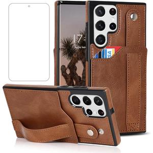 NKECXKJ Design for Samsung Galaxy S22 Ultra 5G Phone Case with Screen Protector Adjustable Wrist Strap Kickstand Credit Card Slot Slim Shockproof Hybrid Rugged Protective Cover for Men 6.8 inch Brown