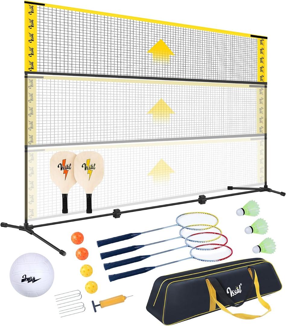 3-in-1 Portable Badminton, Volleyball & Pickleball Net Set for Adults, Adjustable Height 34"7 ft for Backyards or Beach, Outdoor Sports Combo with Carry Bag, Rackets, Paddles & Balls