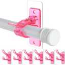 6-Pack No Drill Needed Curtain Rod Holders Brackets, Self Adhesive Rods Holder Hooks, Multipurpose Nail-Free Stick on Curtain Rod Hooks-Transparent Berry Pink