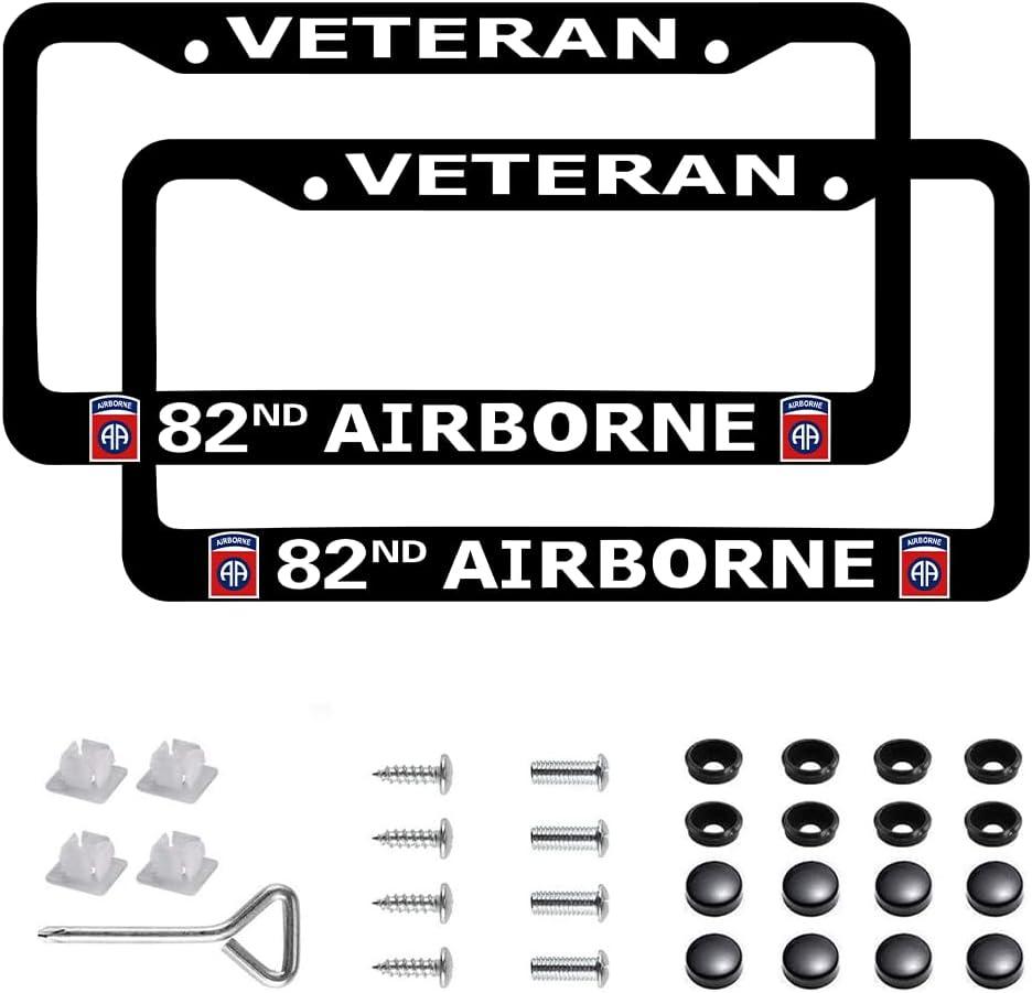2PCS Matte Black License Plate Frames Compatible with 82nd Airborne 2 Holes Solid Aluminum Veteran License Plate Holders for US 82nd, Universal Car Frames and Screws