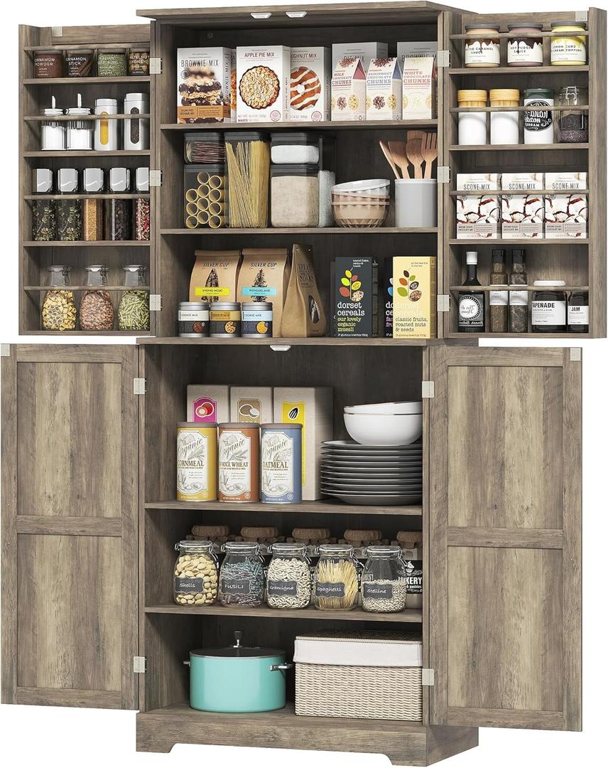 72" Farmhouse Kitchen Pantry Cabinet, Freestanding Tall Storage Cabinet with 4 Barn Doors, 4 Adjustable Shelves and 8 Door Shelves, Gray Wash