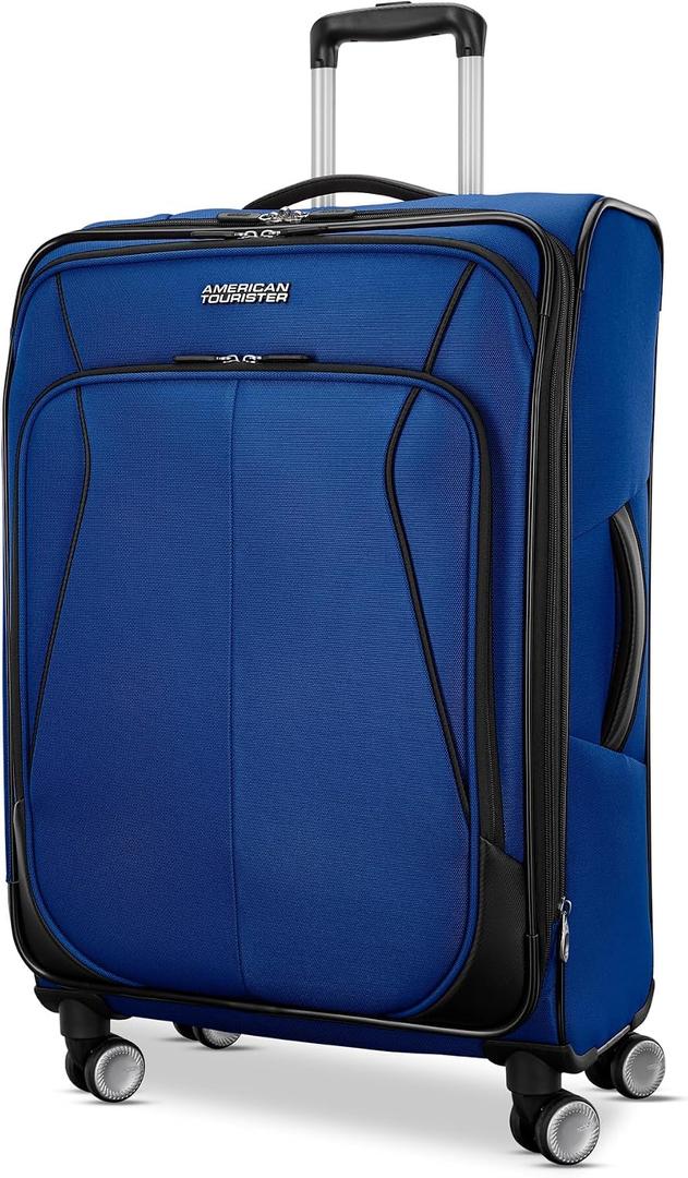 American Tourister 4 KIX 3.0 Checked-Medium Softside Expandable Luggage with 4 Spinner Wheels, Sapphire Blue
