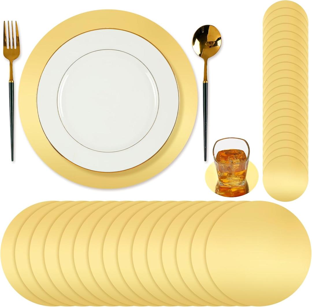 Tioncy 100 Pcs Round Gold Placemats 13" Disposable Paper Placemats for Dining Table Gold Charger Table Mats and Coasters Mats Set for Birthday Wedding Home Dinner Party Settings Decor