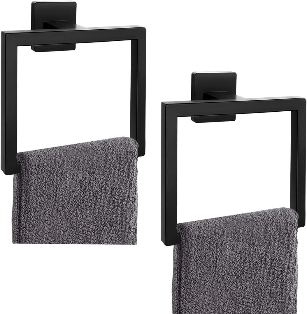 2-Piece Matte Black Square Towel Ring,Modern Hand Towel Holder for Bathroom,Stainless Steel Towel Hangers Wall-Mounted Bathroom Accessories