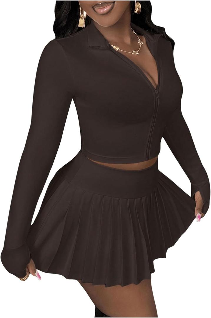 SOLY HUX Women's Skirt Sets 2 Piece Outfits Long Sleeve Crop Top with Pleated Mini Skirt Set Party Outfits for Women (Large, Plain Brown)