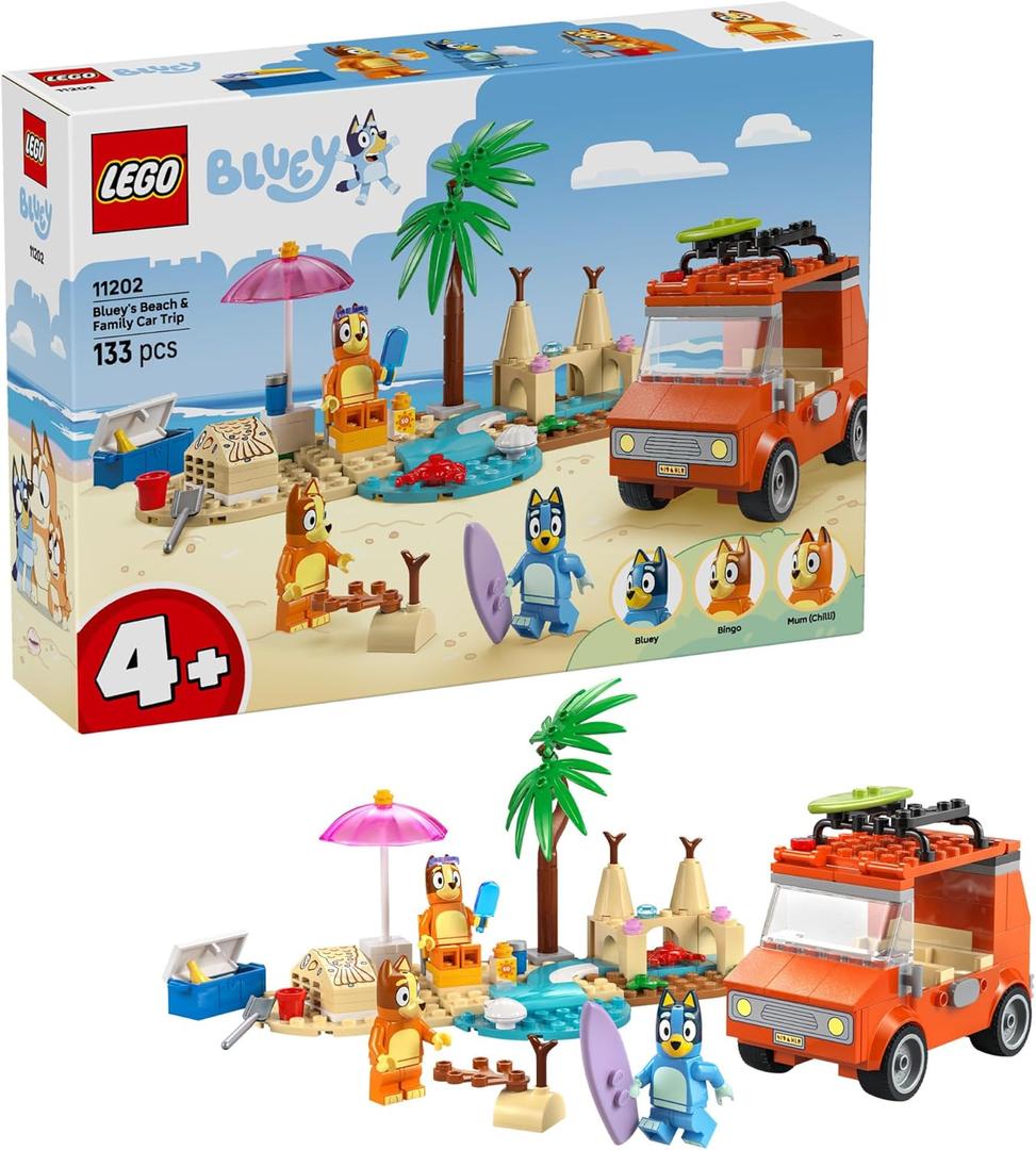 LEGO Bluey: Blueys Beach & Family Car Trip - Toddler Learning Toy for Kids 4+ - Includes Bluey, Bingo, and Mum Minifigures - Birthday Gift for Boys and Girls, Ages 4+ - 11202