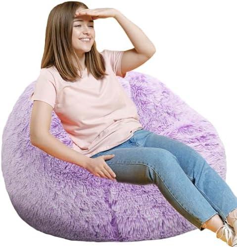 Fluffy Bean Bag Chair, 3FT Round Memory Foam Filled Bean Bag for Teens & Kids, Ultra Soft Faux Fur Fabric Bean Bag Chairs for Playroom, Living Room, Bedroom, Lavender