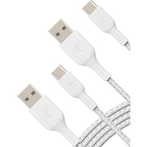 Belkin BoostCharge Braided USB-C to USB-A Charging Cable (3.3ft/1M) for iPhone 17 & 16 Series, Samsung Galaxy S25 Series, Google Pixel 10, iPad Pro, Nintendo Switch 2, Carplay, & More - White (2-Pack)