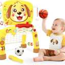 Toys for 1 Year Old Boy - Toddler Basketball Hoop & Soccer Goal & Baseball Activity Center with Light Sound Music, Puppy Montessori Sports Toy, Christmas Birthday Gift for Baby 12-18 Months, Yellow