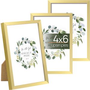 upsimples 4x6 Picture Frame Set of 3, Made of High Definition Glass for 4 x 6 Gold Frames, Wall and Tabletop Display Thin Border Photo Frame for Home Dcor