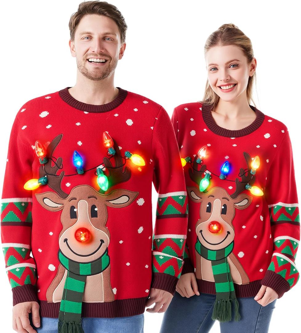 JOYIN Ugly Christmas Sweater Women Men Couples, LED Light Up Ugly Christmas Sweater Kids 2025 Reindeer (Red), XL