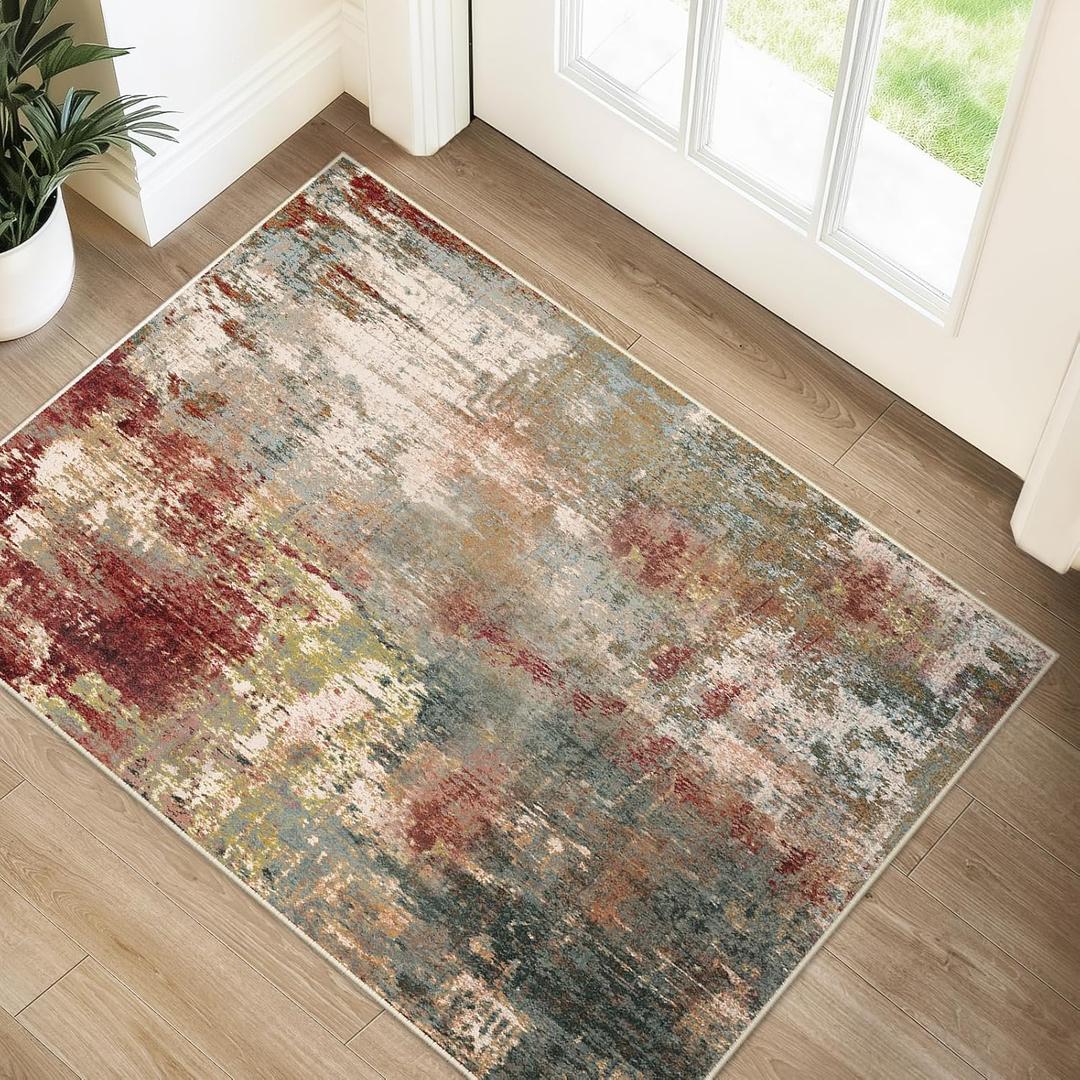 Washable Area Rugs 2'x3' Non-Slip Modern Abstract Soft for Living Room Entryway Bedroom Nursery, Print Pattern, Brown Rust Red Green Blue Multi