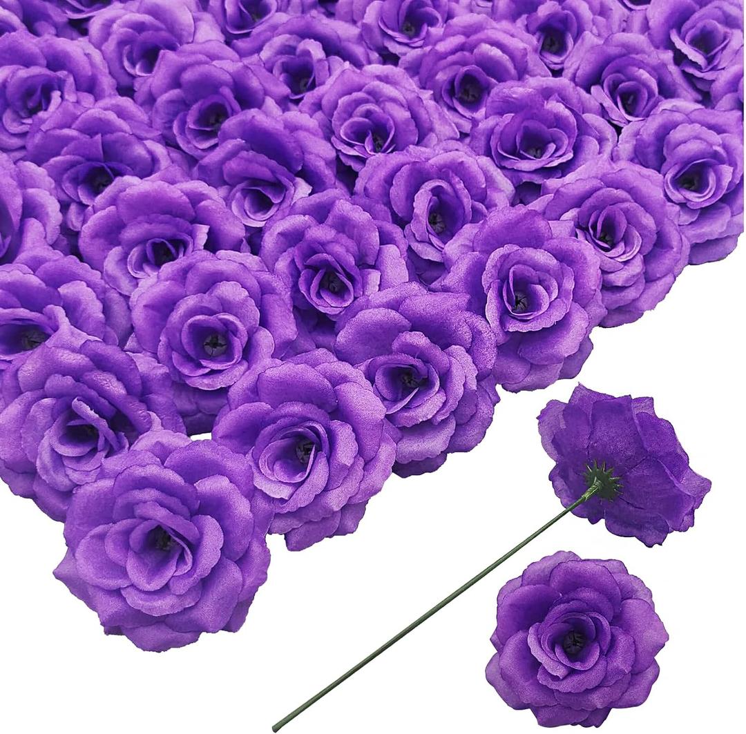 Rose Artificial Flowers, 50Pcs Purple Roses Head Flowers Bulk with Stem, 3 Inches Silk Rose Fake Flower Head for Wedding Party Home Decor DIY Baby Shower Centerpieces Tables Decoration(Deep Purple)