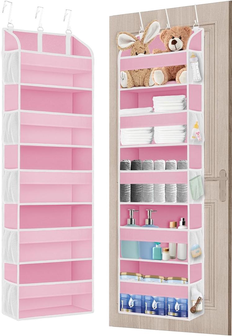 TAHAVICE Pink Over the Door Organizer - 5-Tier Hanging Storage with Clear PVC Windows & 10 Mesh Pockets, Cute Closet Organizer for Makeup, Perfume, Toys, Perfect Pink Room Decor for Girl