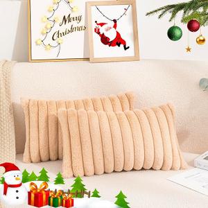 Uhomy Faux Fur Plush Throw Pillow Covers 12x20 Pack of 2 Luxury Super Soft Fluffy Striped Decorative Pillow Covers for Sofa, Bed, Couch, Living Room, Camel-Brown 30x50 cm